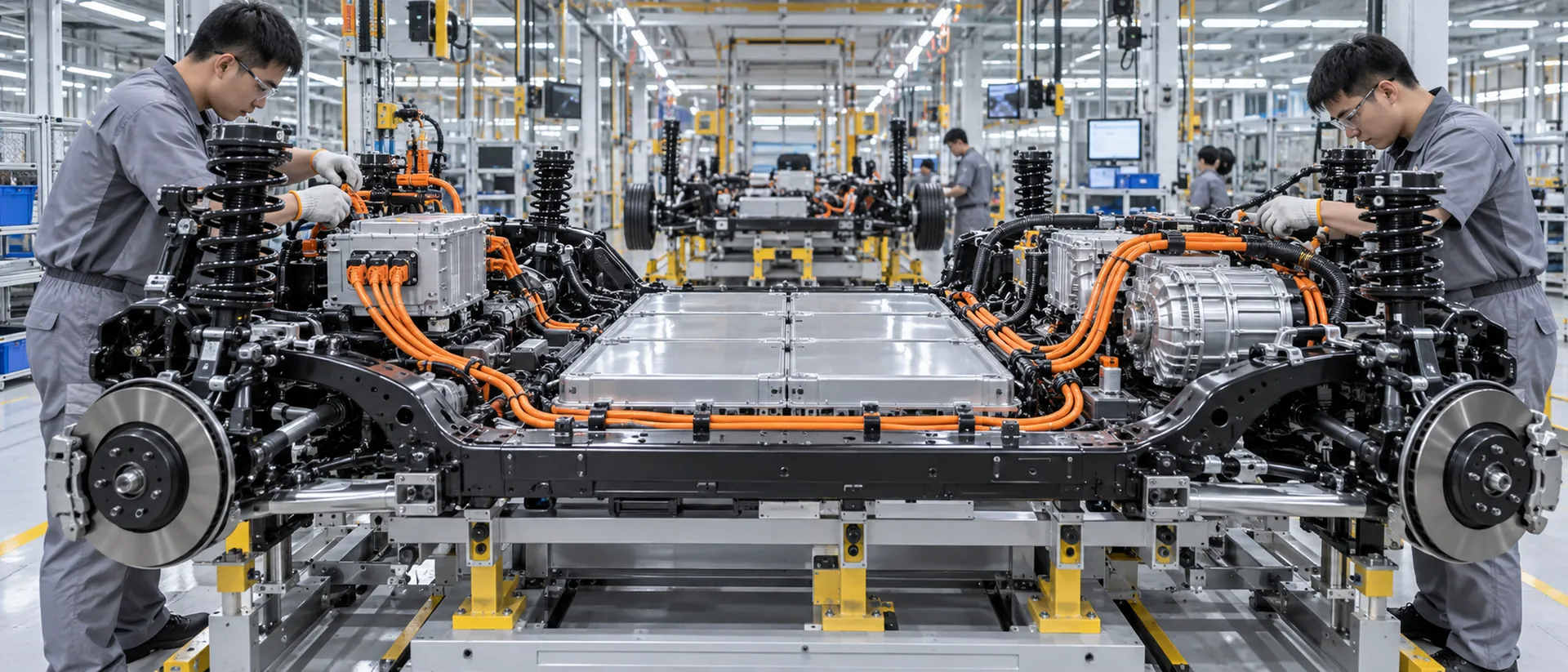 Orange high-voltage cables routed on an electric-vehicle powertrain assembly line