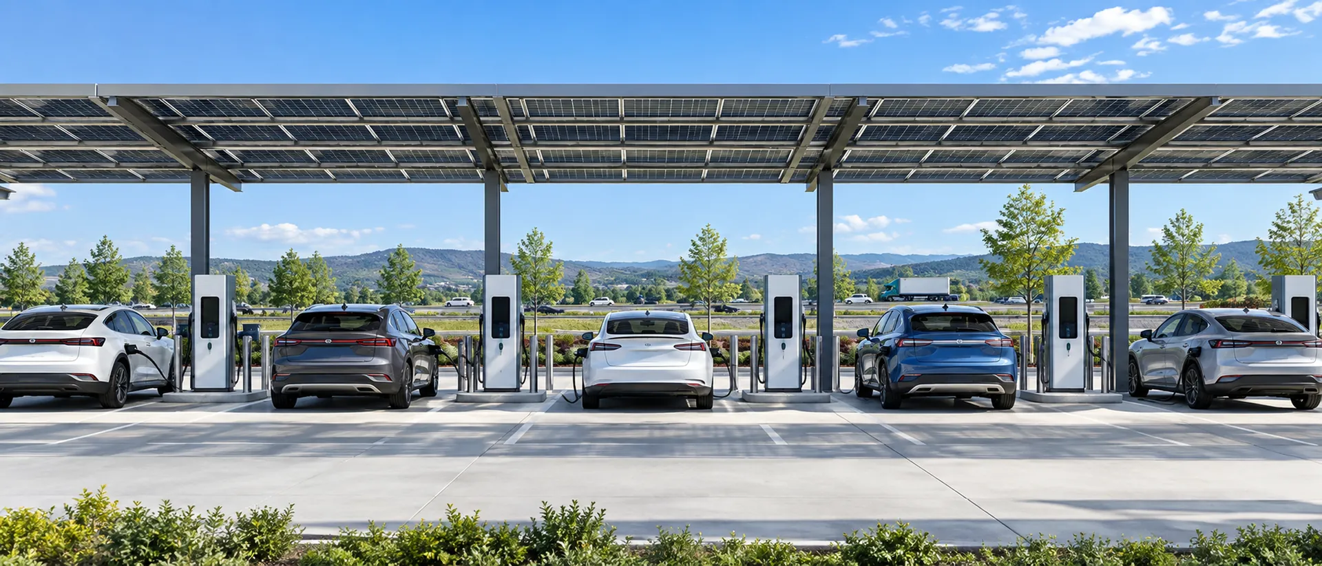 DC fast-charging station with charging cables connected to electric vehicles under a solar canopy