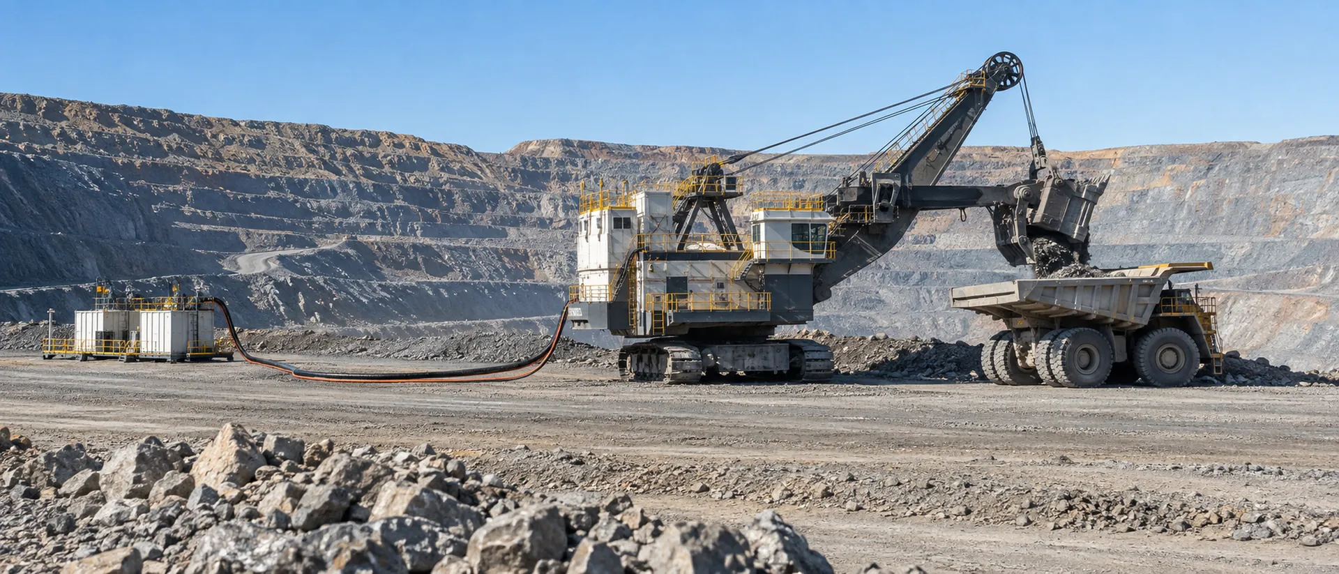 Electric rope shovel with its trailing power cable loading a haul truck in an open-pit mine