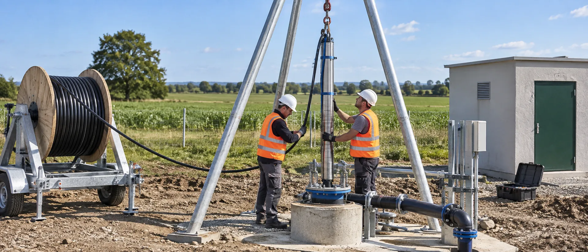 Submersible pump cable fed from a drum as a deep-well pump is lowered into a borehole