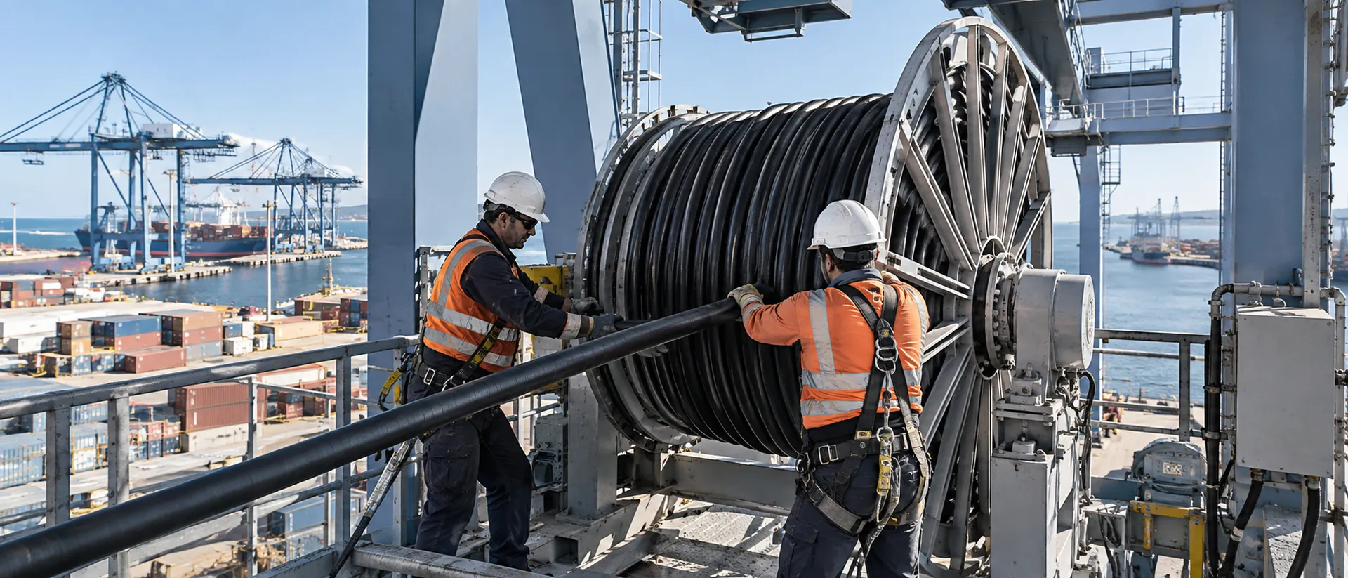 Technicians guiding a reeling cable onto a motorised cable reel on a port crane
