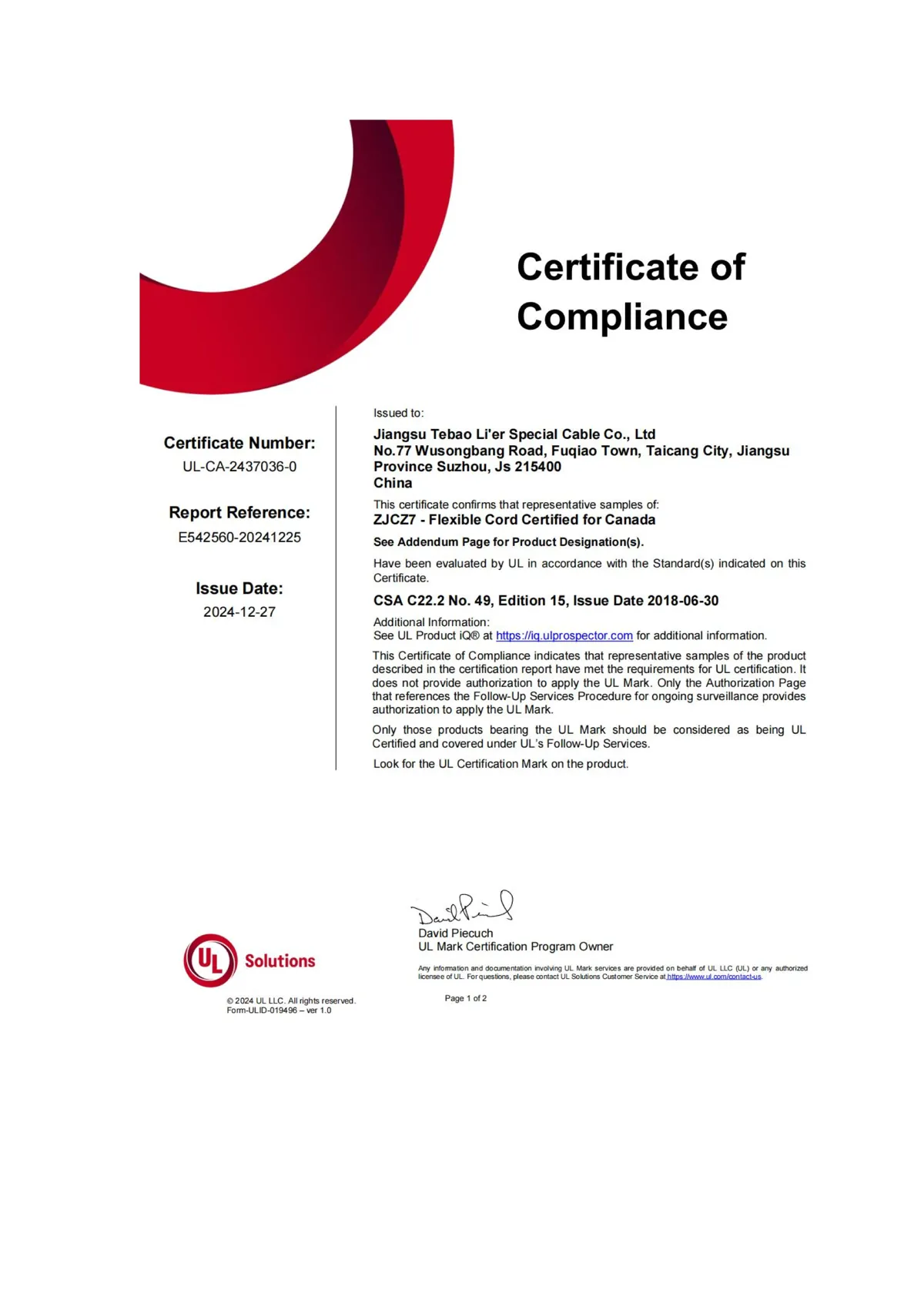 cUL Certificate of Compliance UL-CA-2437036-0