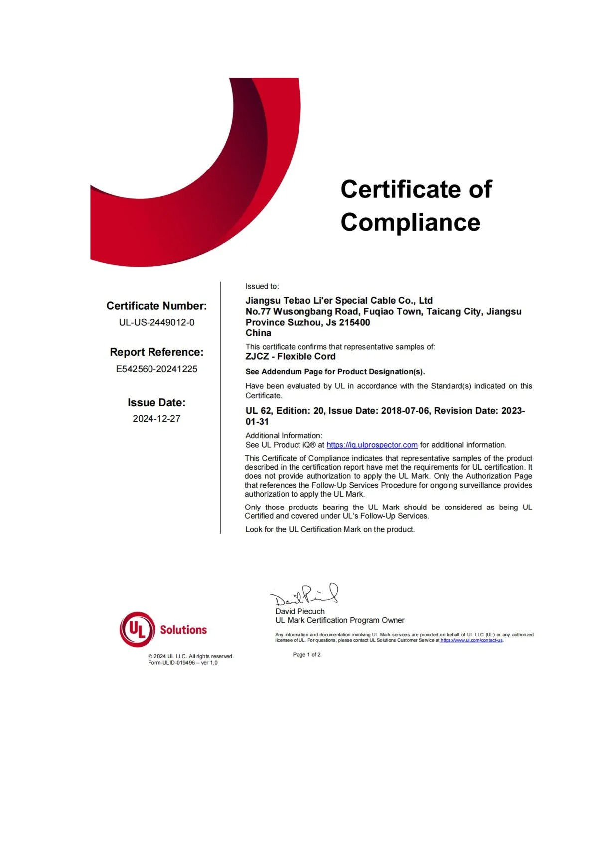 UL Certificate of Compliance UL-US-2449012-0