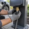 Steel-wire-armoured EV cable terminated with a brass gland at a charging pedestal