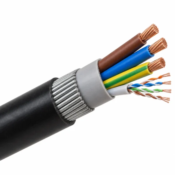 EV charging and CAT5 SWA cable: steel wire armour and PVC inner sheath over power cores and CAT5e pairs