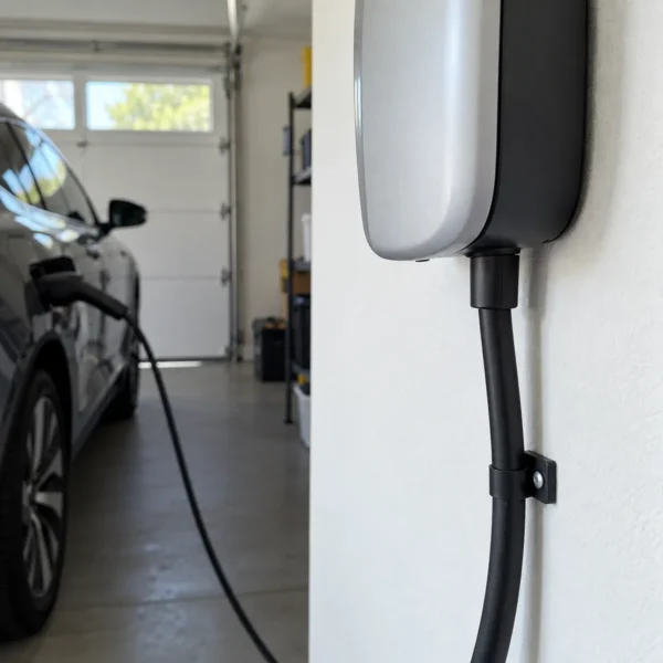 Power and data cable feeding a wall-mounted EV charger in a residential garage Power and data cable feeding a wall-mounted EV charger in a residential garage