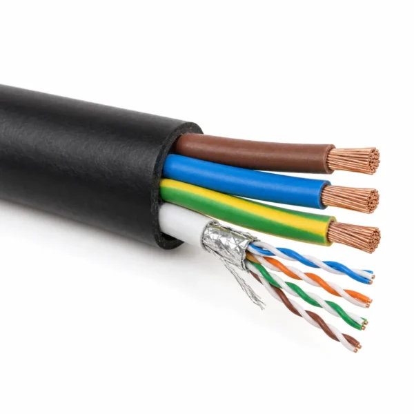 EV charging Cat6A LSZH cable stripped back: three power cores and a screened Cat6A data element under a black LSZH sheath EV charging Cat6A LSZH cable stripped back: three power cores and a screened Cat6A data element under a black LSZH sheath