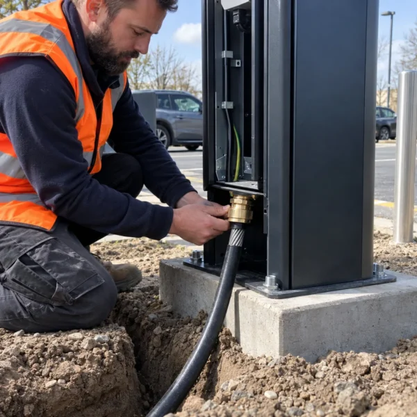 Armoured EV charging cable glanded into a car-park charging pedestal