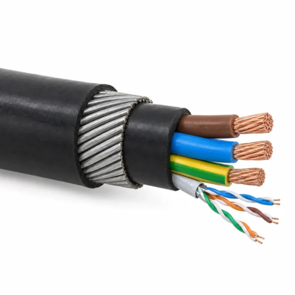 EV charging Cat6A SWA LSZH cable: galvanised steel wire armour between LSZH sheaths over power cores and Cat6A pairs