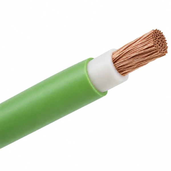 FG16(O)R16 single-core EV DC cable stripped back: fine-stranded copper conductor, white HEPR insulation, green PVC sheath FG16(O)R16 single-core EV DC cable stripped back: fine-stranded copper conductor, white HEPR insulation, green PVC sheath