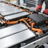Orange high-voltage cables routed inside an electric-vehicle battery pack