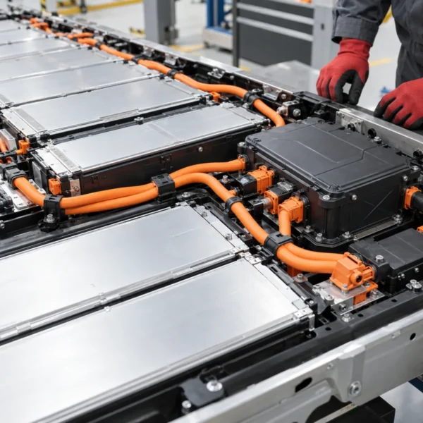 Orange high-voltage cables routed inside an electric-vehicle battery pack Orange high-voltage cables routed inside an electric-vehicle battery pack