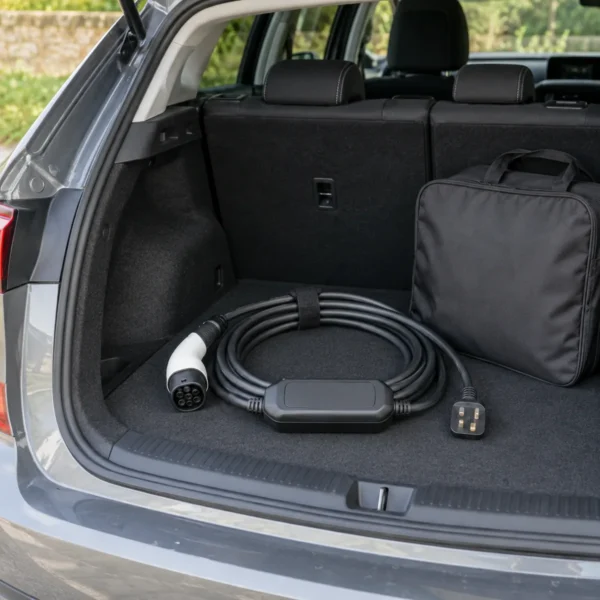 Portable EV charging lead coiled in a car boot