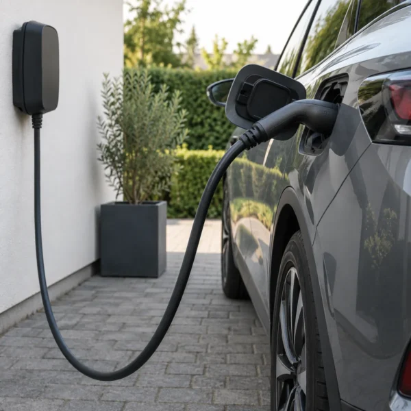 AC charging cable with a Type 2 connector charging an electric car at home AC charging cable with a Type 2 connector charging an electric car at home