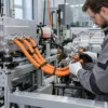 Orange shielded high-voltage cables between inverter and e-motor on an EV powertrain test bench