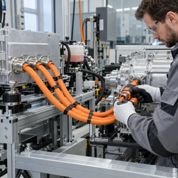 Orange shielded high-voltage cables between inverter and e-motor on an EV powertrain test bench Orange shielded high-voltage cables between inverter and e-motor on an EV powertrain test bench