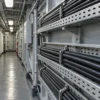 Black shipboard cables on perforated cable trays in a vessel passageway Black shipboard cables on perforated cable trays in a vessel passageway