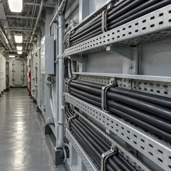 Black shipboard cables on perforated cable trays in a vessel passageway Black shipboard cables on perforated cable trays in a vessel passageway