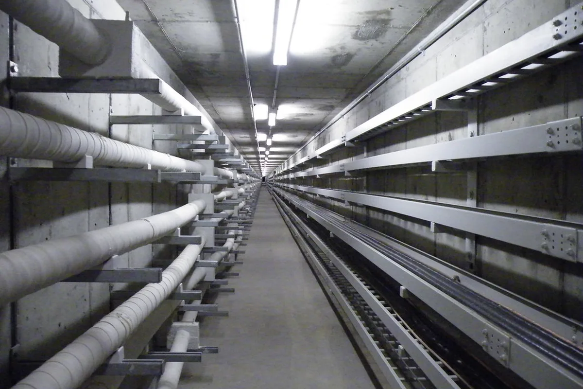 Long underground high-voltage cable tunnel with power cables on steel brackets and trays, a fixed route of the kind MGM 109 Type 3023 armoured feeders follow