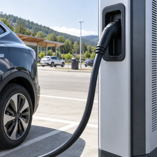 Flexible charging cable on a DC fast charger at a highway service area Flexible charging cable on a DC fast charger at a highway service area