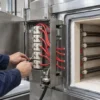 Red silicone wires connected to terminals in the terminal box of an industrial oven