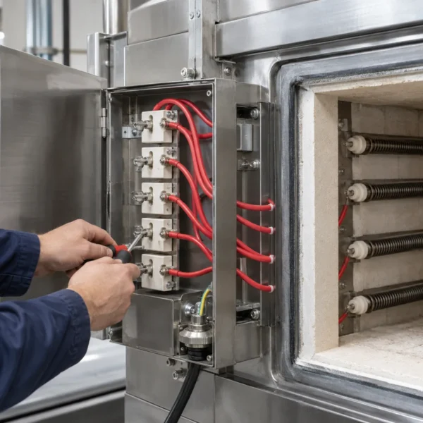 Red silicone wires connected to terminals in the terminal box of an industrial oven