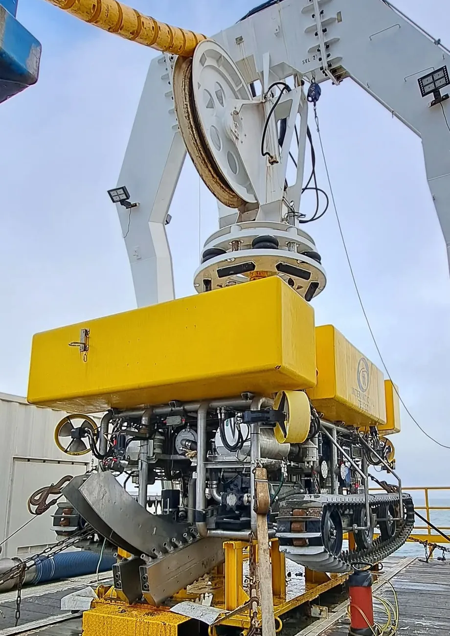 Work-class ROV on deck under an A-frame