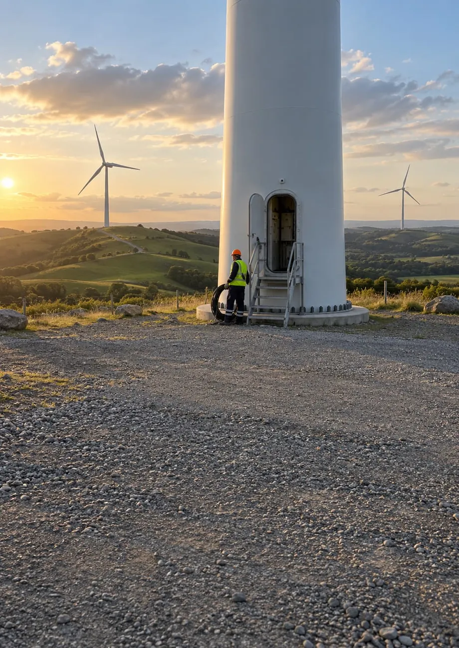 Technician with a power cable coil at the base of an onshore wind turbine