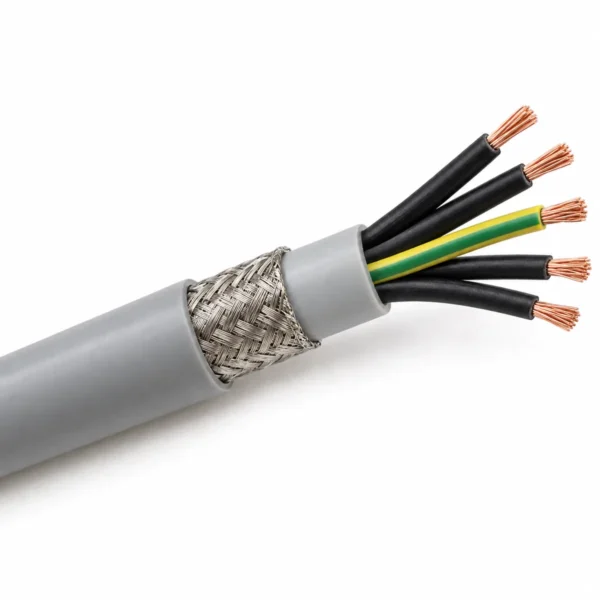 YSLYSY screened control cable: grey PVC sheath, overall copper braid, inner sheath, black cores and green-yellow earth