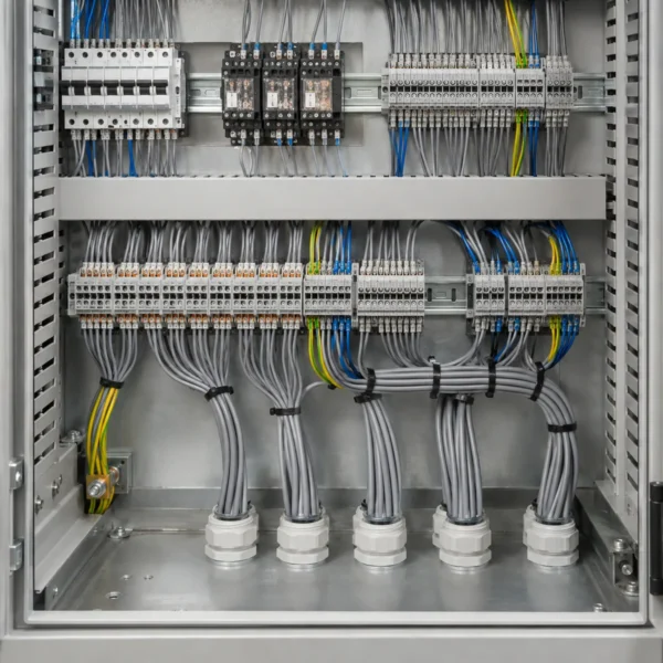 Grey control cables entering an industrial control cabinet through cable glands