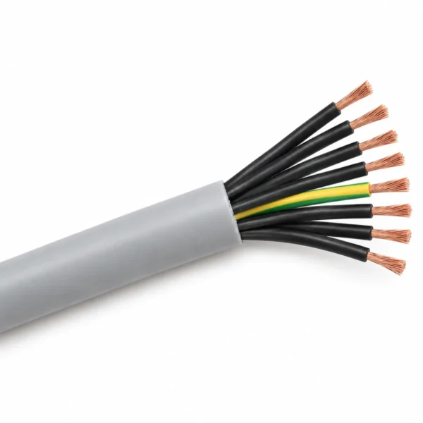 YY control cable: grey PVC sheath over black cores and a green-yellow earth core, unscreened