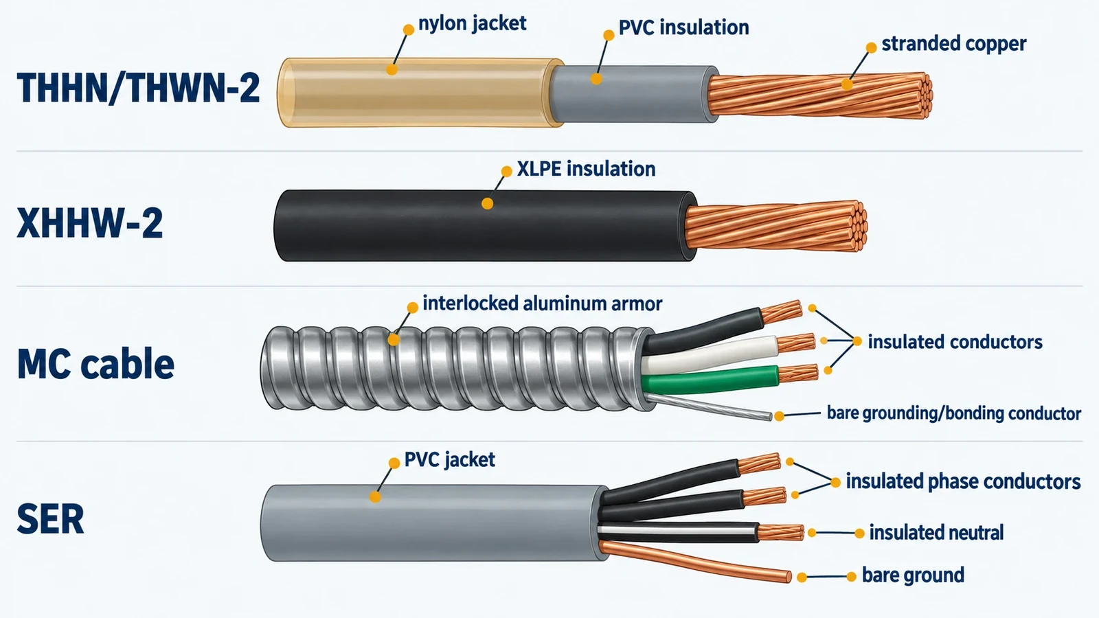 Cutaway of THHN/THWN-2, XHHW-2, MC cable and SER cable showing conductors, insulation, nylon jacket, interlocked armor and PVC jacket