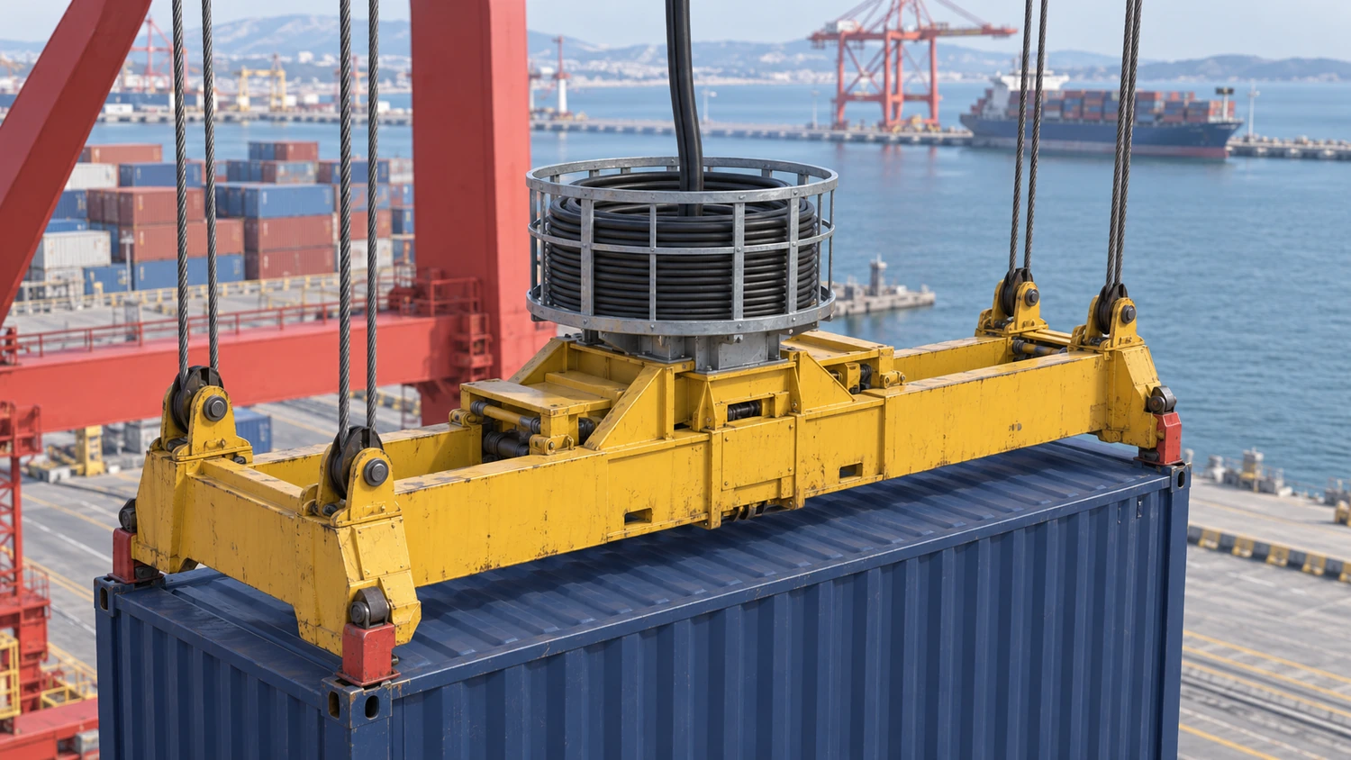 Container crane spreader with a gravity-fed cable collector basket and a suspended black control cable