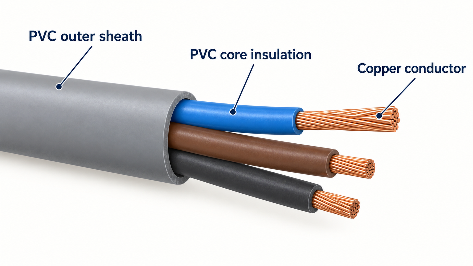 Illustration showing separate PVC insulation on three copper conductors inside one grey PVC outer sheath