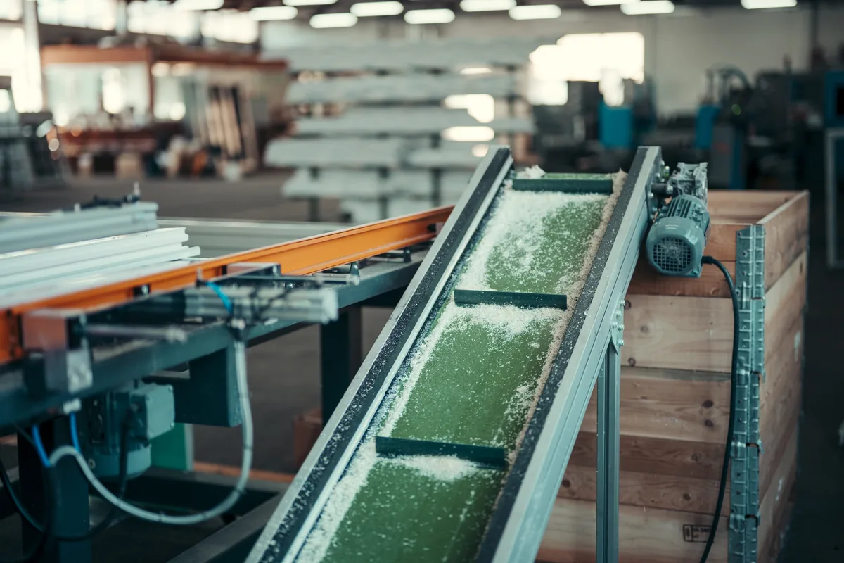 Inclined belt conveyor in a factory with its geared drive motor and supply cable, a typical place for YY flexible control cable