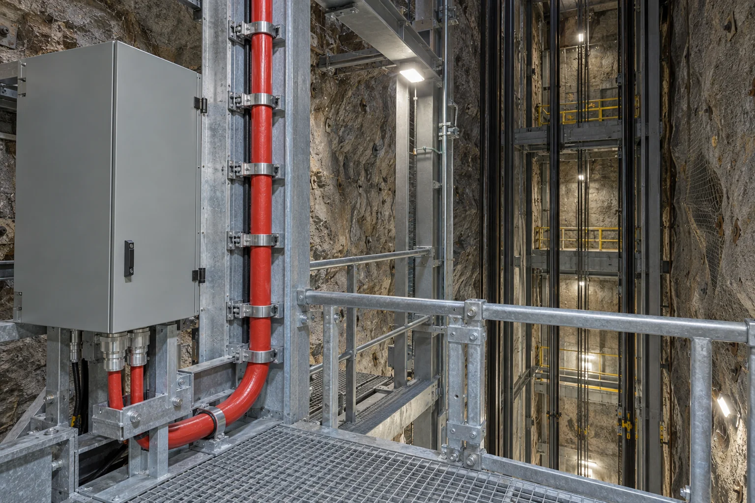 Red power feeder cable held by cleats beside a closed electrical cabinet on a guarded mine-shaft service landing