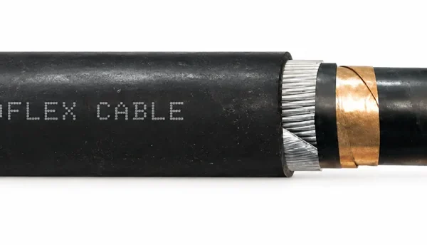 YKGYFoyn medium-voltage cutaway showing copper tape screen and round steel wire armor YKGYFoyn medium-voltage cutaway showing copper tape screen and round steel wire armor