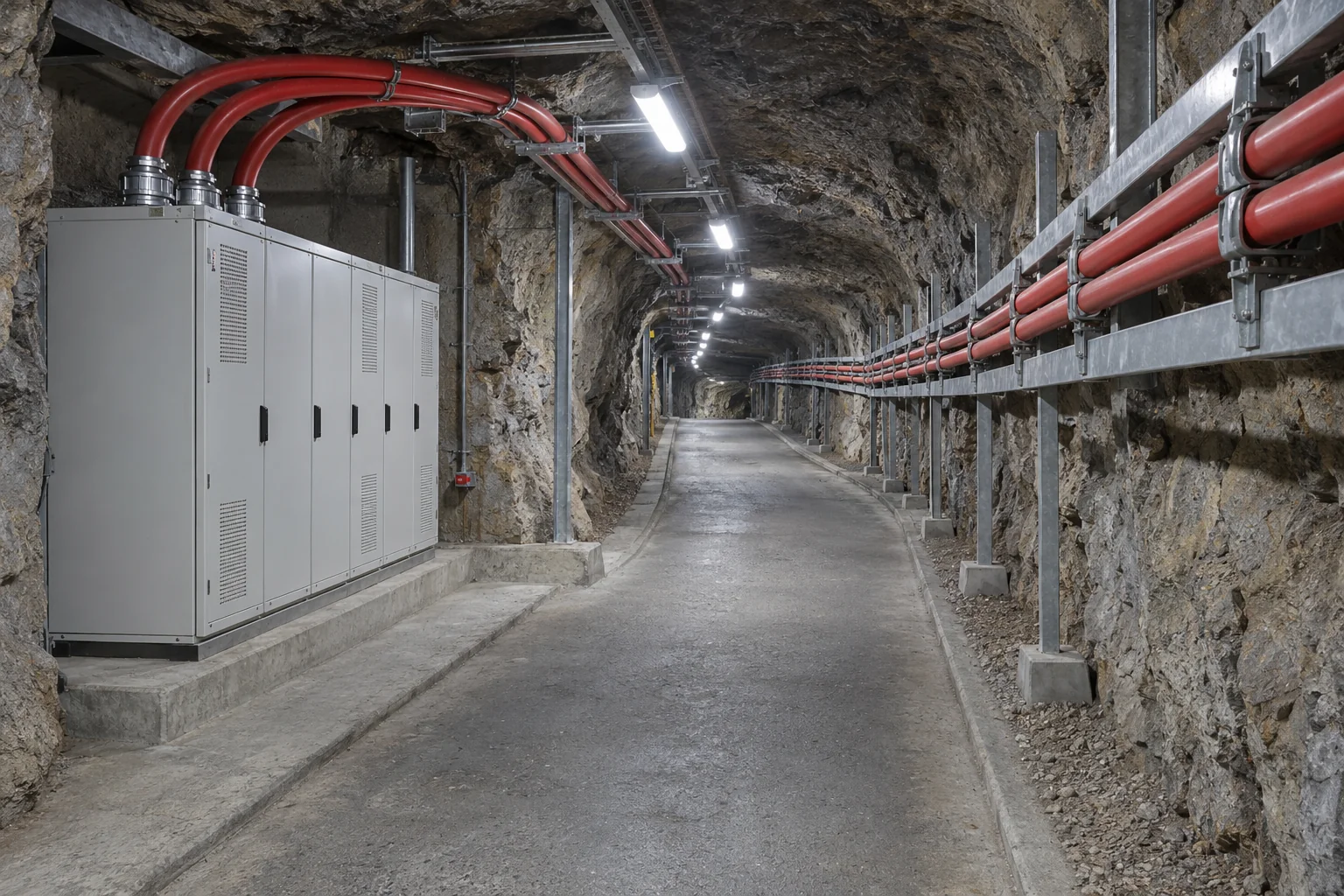 Red power cables clamped to wall supports beside closed switchgear in a sloping underground mine service gallery