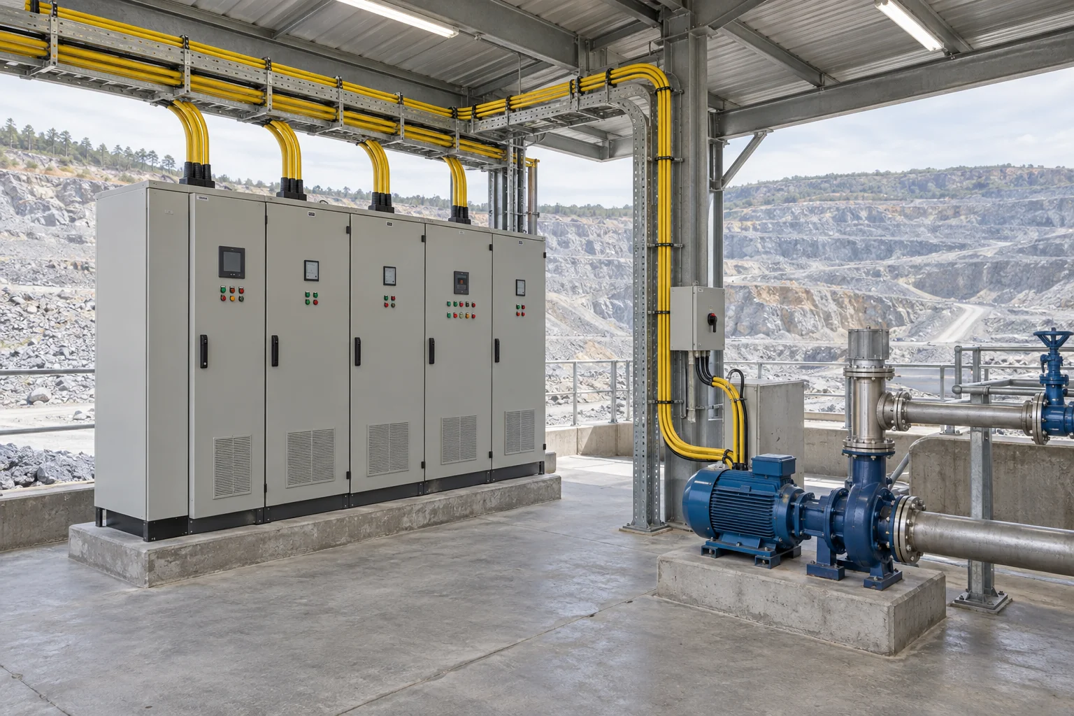 Yellow power cables on a cable tray supplying motor control cabinets and a pump in an open-pit mine service bay