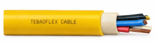 YKGYyn-żo yellow PVC mining cable cutaway showing the separate inner sheath and insulated copper conductors