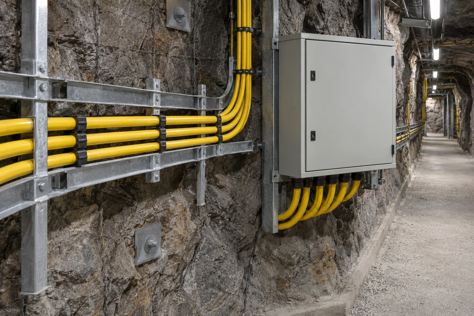 Yellow power cables secured to a wall cable ladder beside a closed distribution cabinet in a mine service corridor