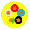 YnKGY-żo five-core cross-section showing natural, red, blue, black and green-yellow cores within the yellow PVC sheath
