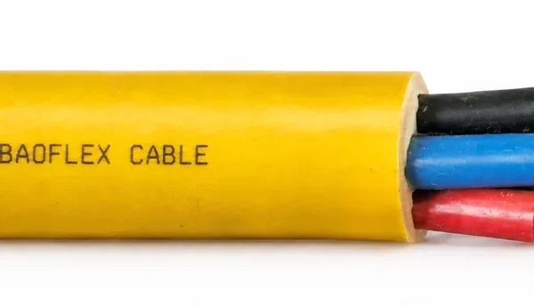 YnKGY-żo yellow PVC mining cable cutaway showing insulated copper conductors YnKGY-żo yellow PVC mining cable cutaway showing insulated copper conductors