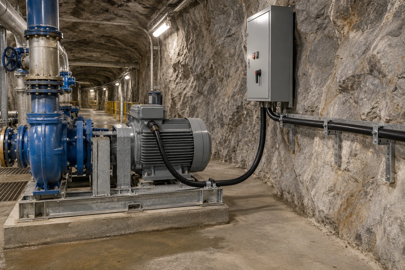 Power cable route between a distribution cabinet and a stationary pump in an underground mine service area