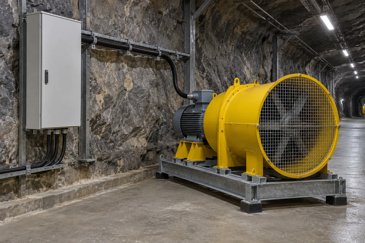 Underground mine ventilation fan supplied from a closed cabinet through a supported black power cable