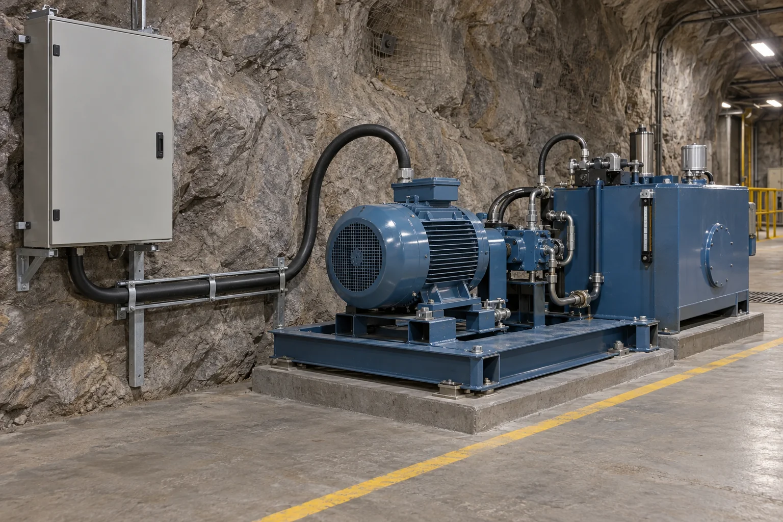 Stationary hydraulic power pack in a mine maintenance bay with a supported black electrical supply cable